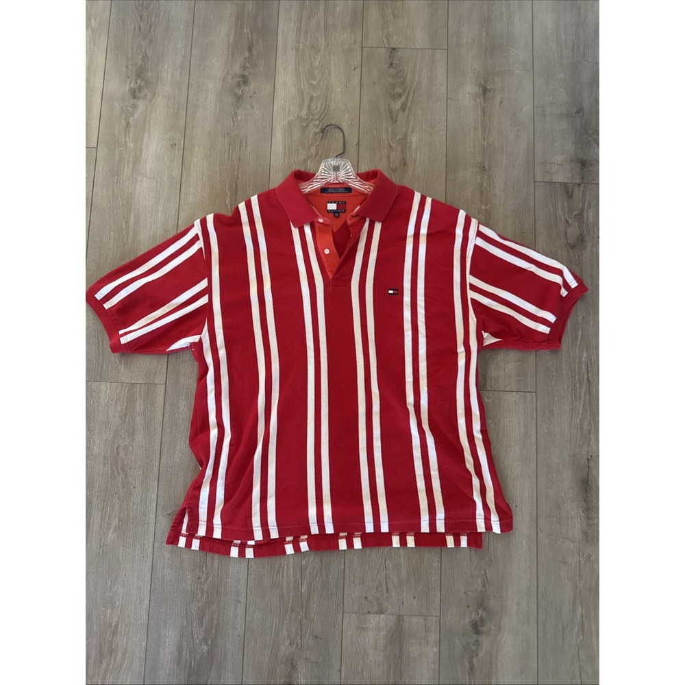 VTG Tommy Hilfiger Polo Shirt Mens‎ 2XL Red White Stripe Short Sleeve Casual Y2K